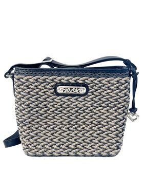 Vintage Brighton Woven Jute Crossbody Bag – Natural Straw with Blue Leather Trim